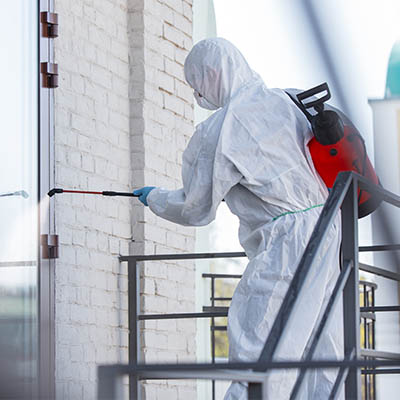 Produkt biobójczy w użyciu poprzez pracownika w pełnym kombinezonie.