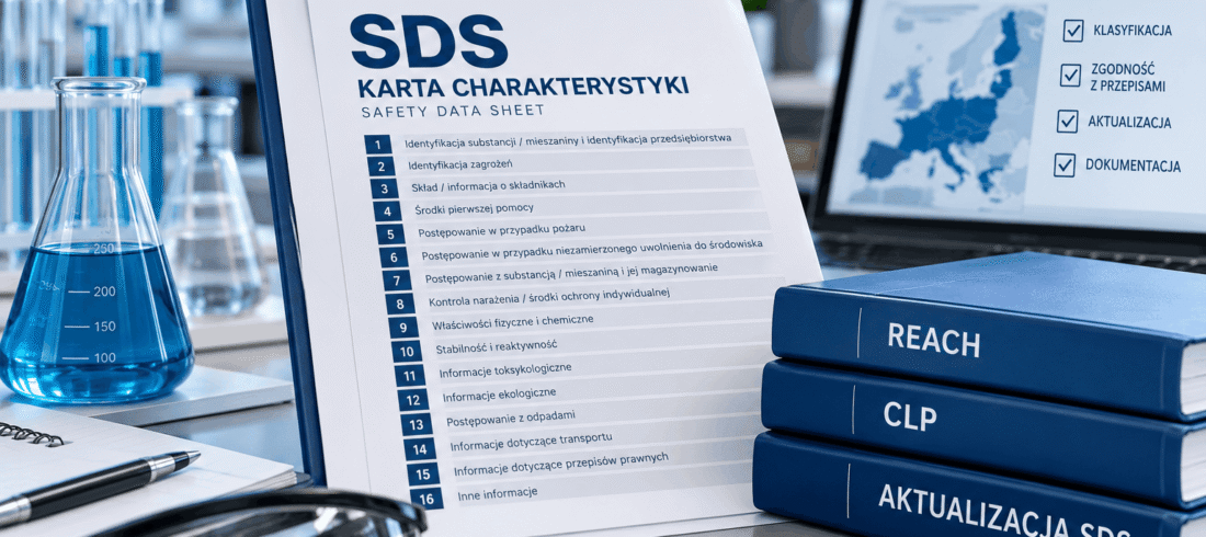 Dokument karty charakterystyki SDS z 16 sekcjami, dokumentacja REACH i CLP oraz wyposażenie laboratorium chemicznego.